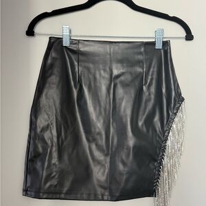 Black Faux Leather Skirt with Fringe Detail